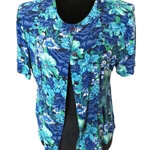 Sarah Taylor Floral Crepe Blouse, Vintage Blue Flowery Rayon Tunic, Size M